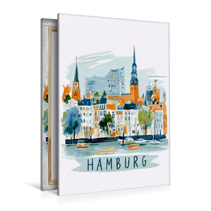 Premium Textil-Leinwand Hamburger Skyline mit Elbphilharmonie und historischen Hafenbauten