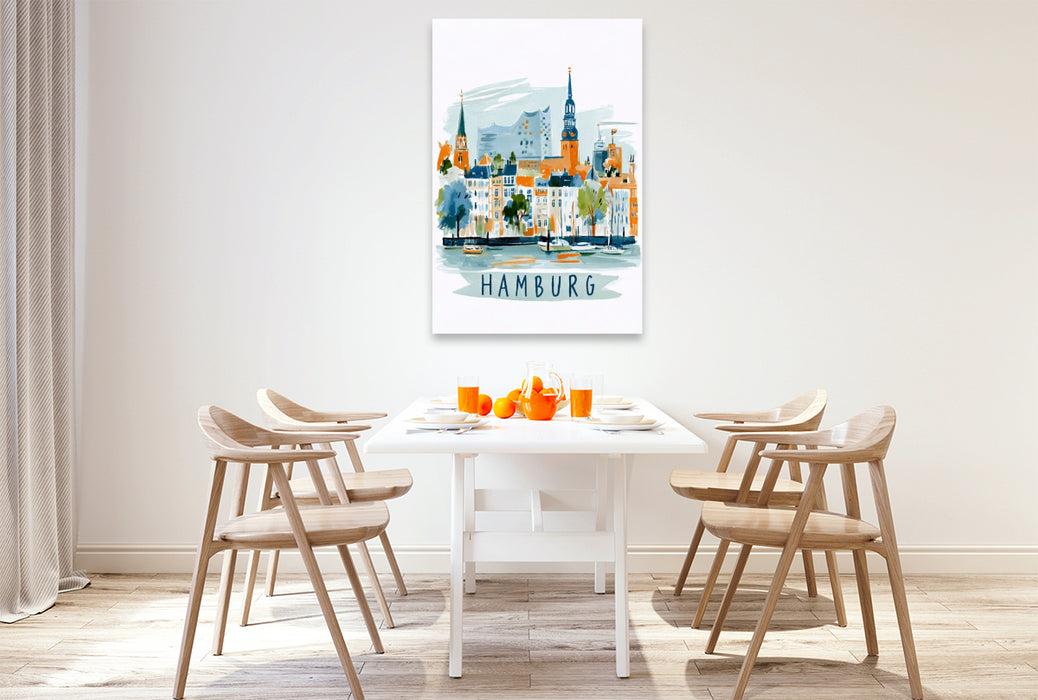 Premium Textil-Leinwand Hamburger Skyline mit Elbphilharmonie und historischen Hafenbauten