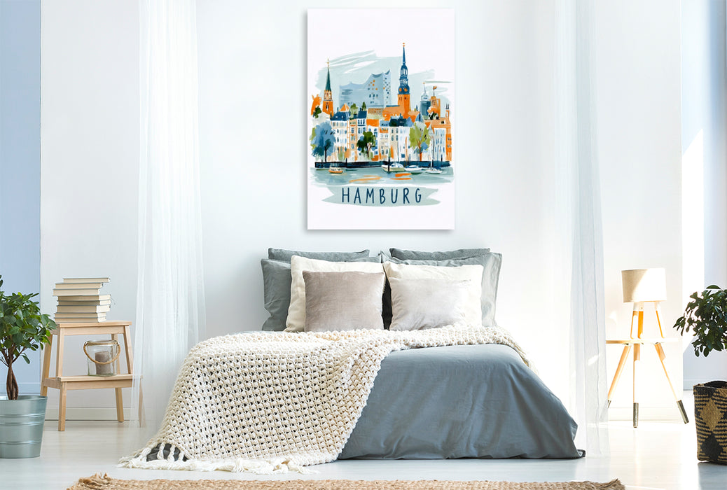 Premium Textil-Leinwand Hamburger Skyline mit Elbphilharmonie und historischen Hafenbauten