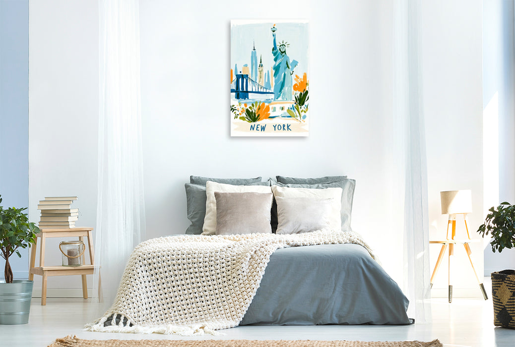 Premium Textil-Leinwand New Yorker Skyline mit der Freiheitsstatue