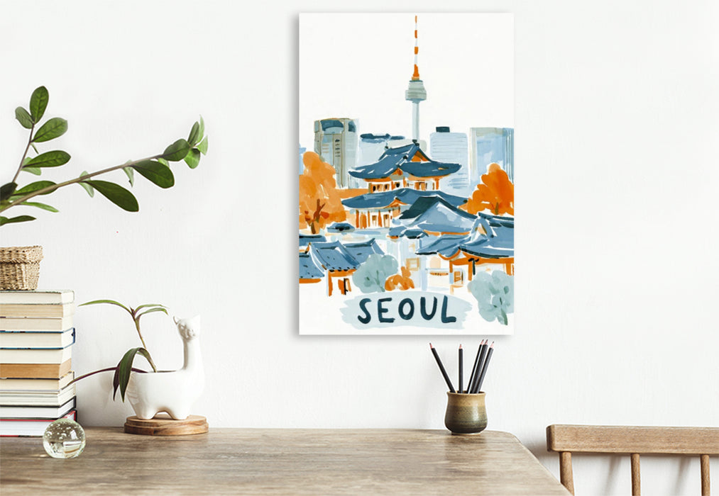 Premium Textil-Leinwand Seoul mit dem N Seoul Tower im Hintergrund und traditionellen Hanok Gebäuden