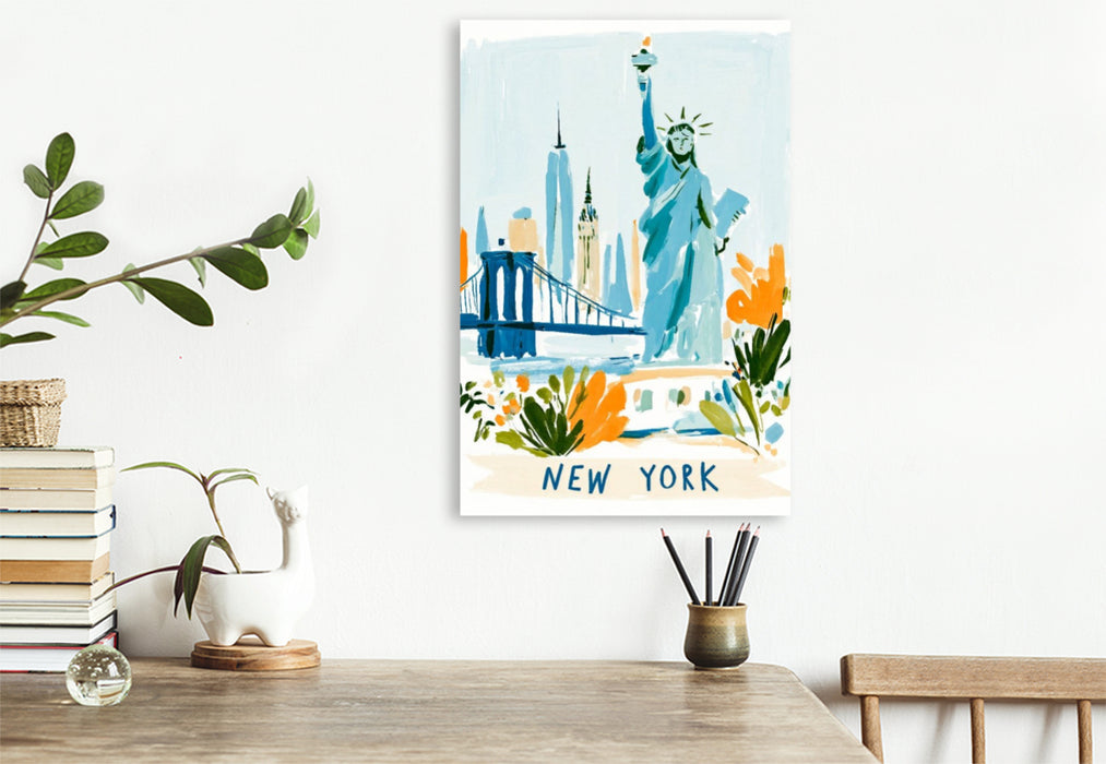 Premium Textil-Leinwand New Yorker Skyline mit der Freiheitsstatue