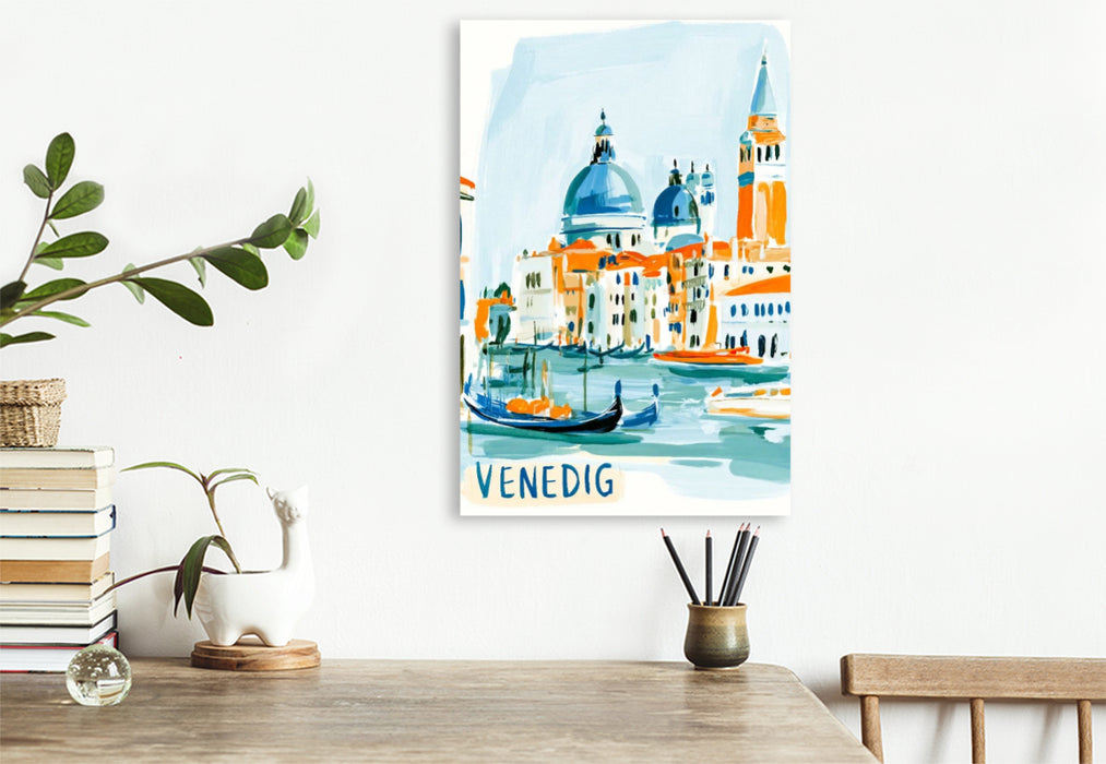 Premium Textil-Leinwand Venedig mit den berühmten Kuppeln, dem Markusturm und Gondeln