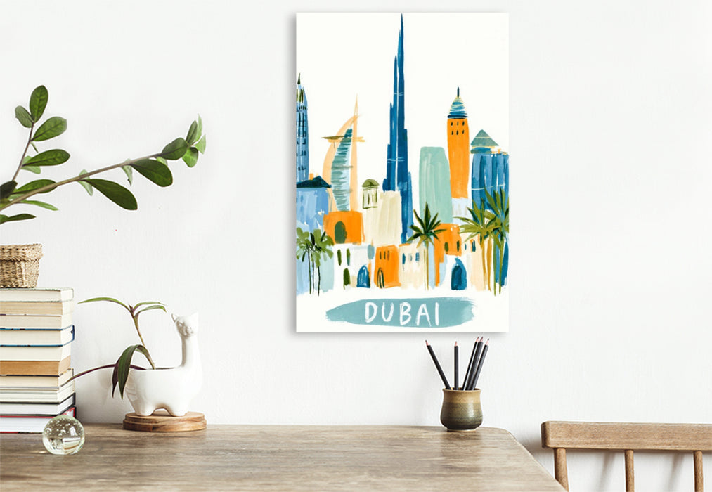 Premium Textil-Leinwand Dubai Skyline mit dem Burj Khalifa