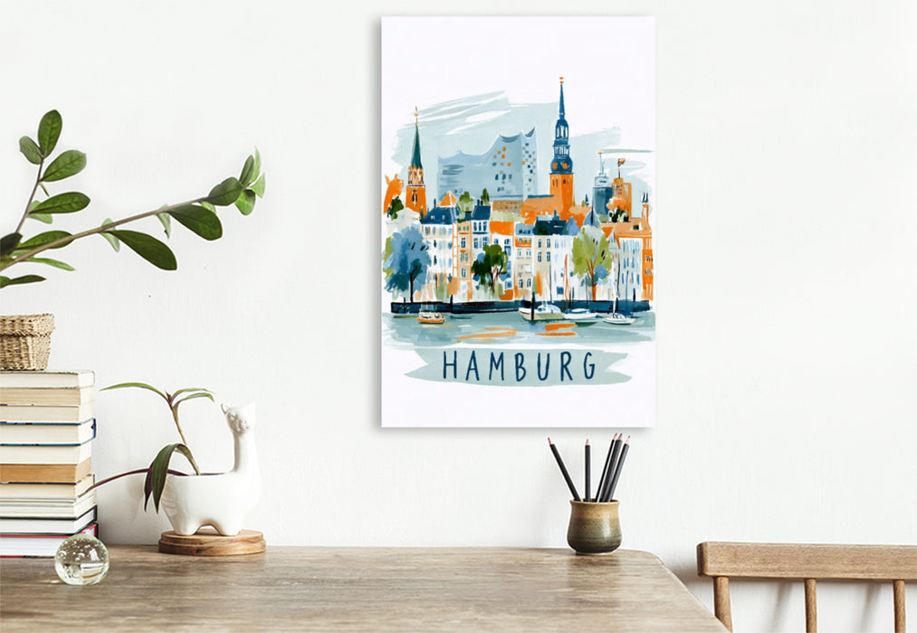 Premium Textil-Leinwand Hamburger Skyline mit Elbphilharmonie und historischen Hafenbauten