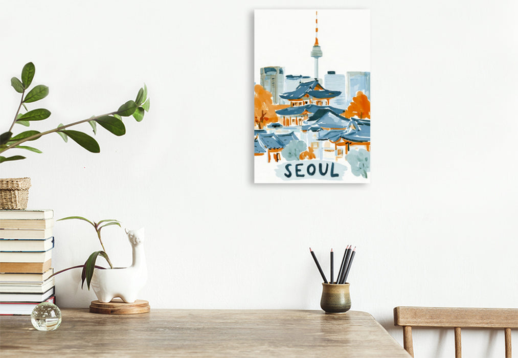 Premium Textil-Leinwand Seoul mit dem N Seoul Tower im Hintergrund und traditionellen Hanok Gebäuden