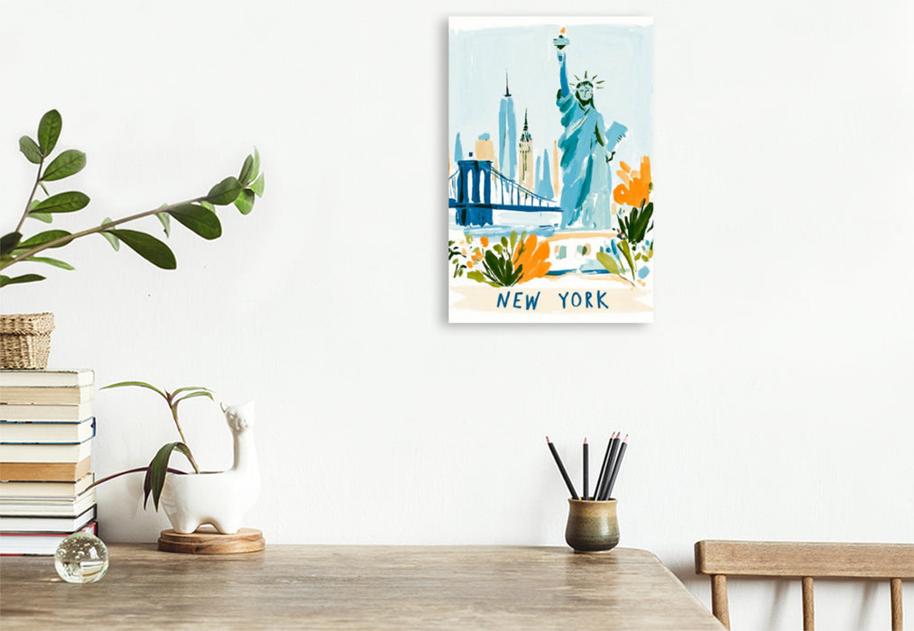 Premium Textil-Leinwand New Yorker Skyline mit der Freiheitsstatue