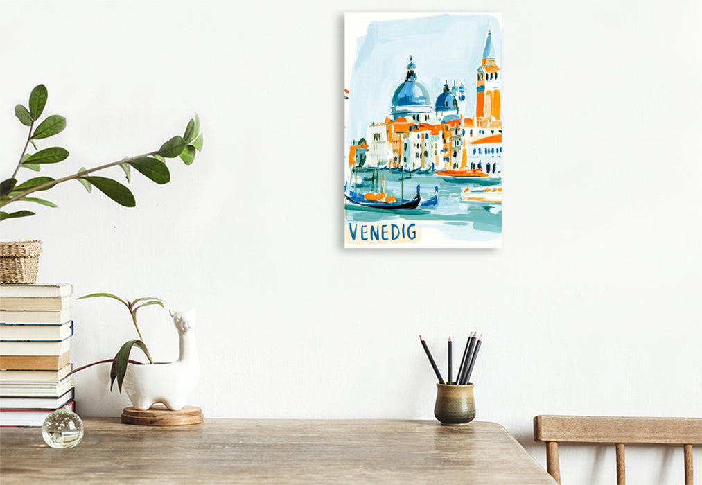 Premium Textil-Leinwand Venedig mit den berühmten Kuppeln, dem Markusturm und Gondeln