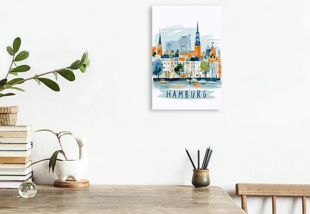 Premium Textil-Leinwand Hamburger Skyline mit Elbphilharmonie und historischen Hafenbauten