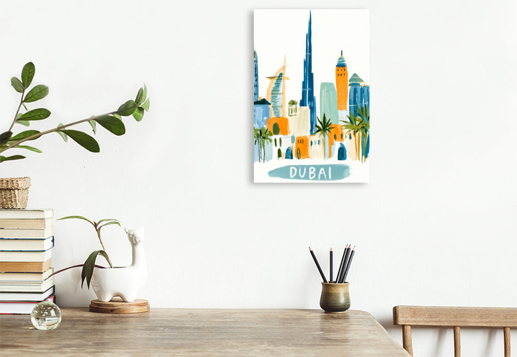 Premium Textil-Leinwand Dubai Skyline mit dem Burj Khalifa