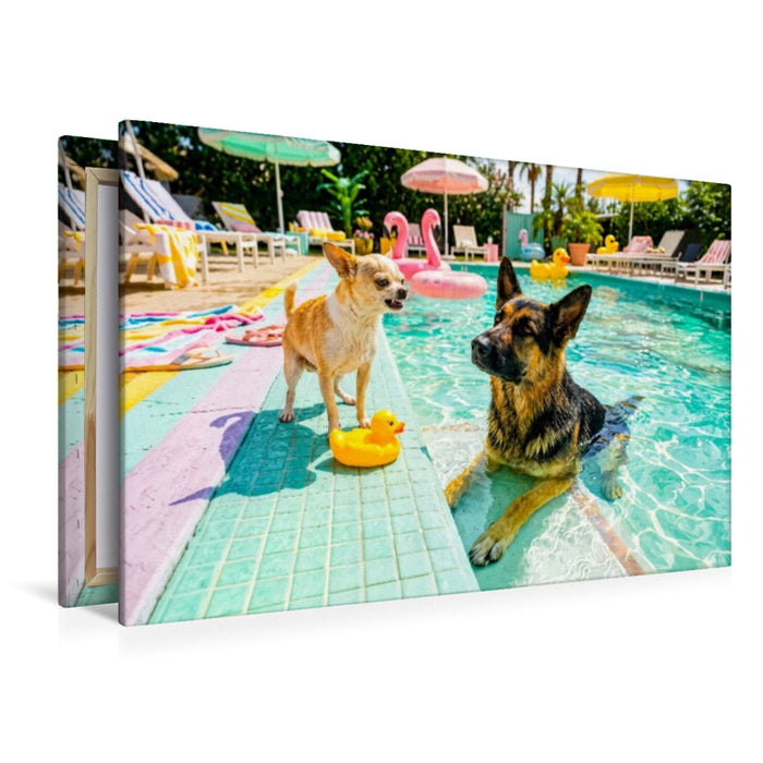Premium Textil-Leinwand Großer Poolzoff – Chihuahua vs. Schäferhund