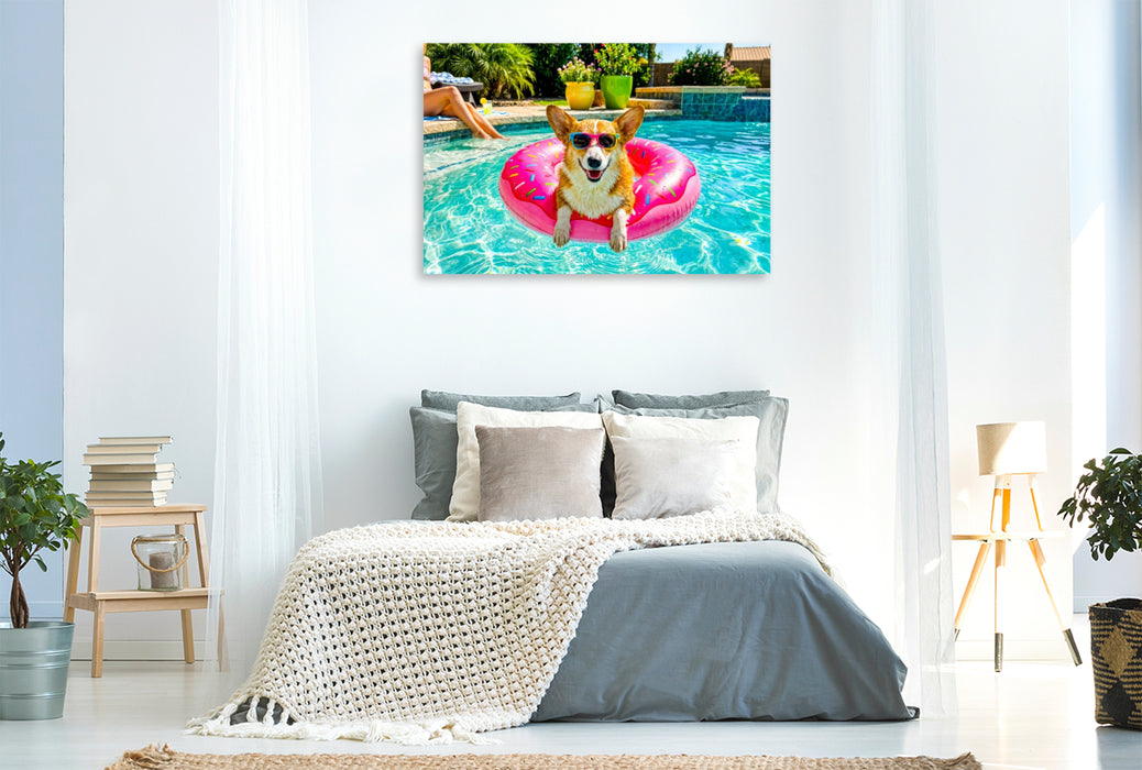 Premium Textil-Leinwand Corgi Chillen - Lustiges Sommer Hundemotiv