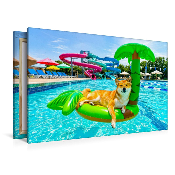 Premium Textil-Leinwand Shiba Trauminsel – Lustiges Sommer Hundemotiv