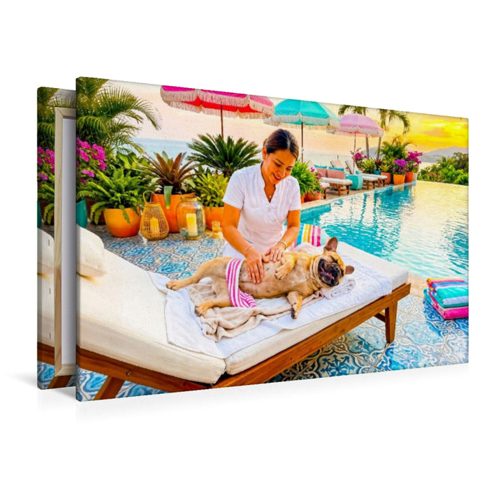 Premium Textil-Leinwand Frenchie Poolmassage – Sommermotiv mit Palmen