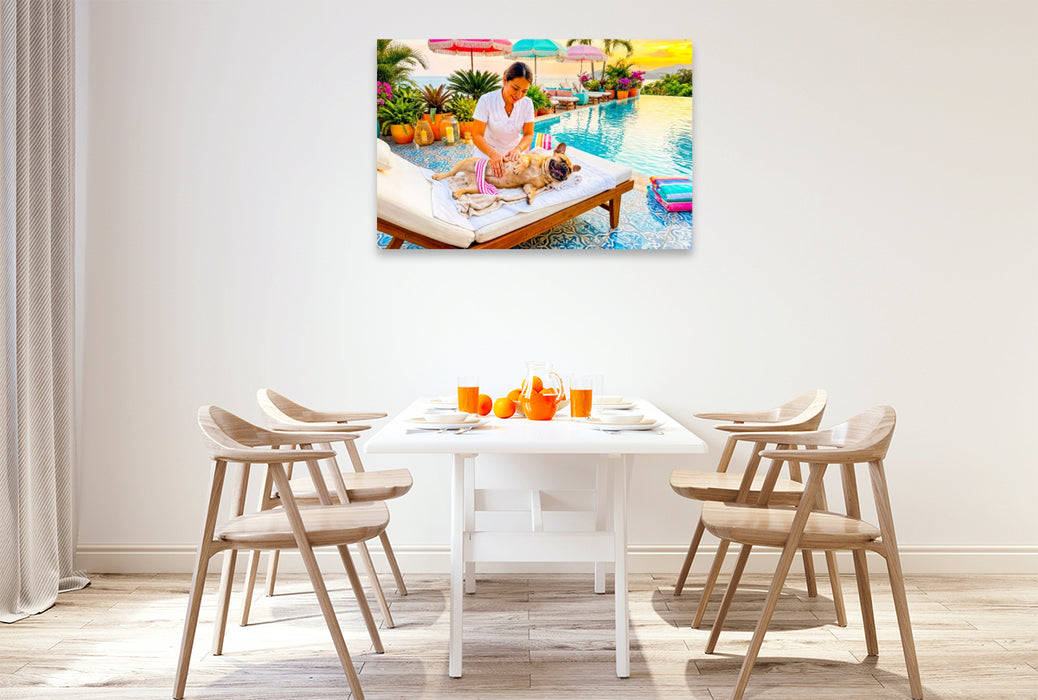 Premium Textil-Leinwand Frenchie Poolmassage – Sommermotiv mit Palmen