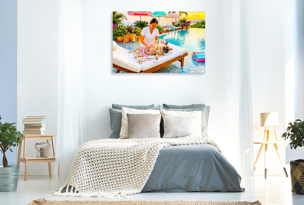 Premium Textil-Leinwand Frenchie Poolmassage – Sommermotiv mit Palmen