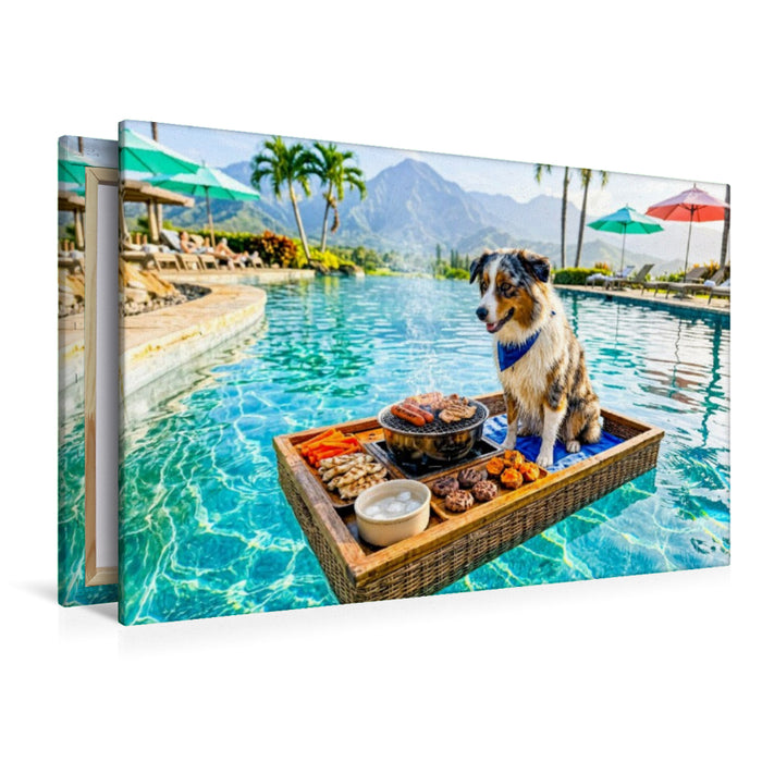 Premium Textil-Leinwand Pool Snacktime – Hund auf Schwimmtablett