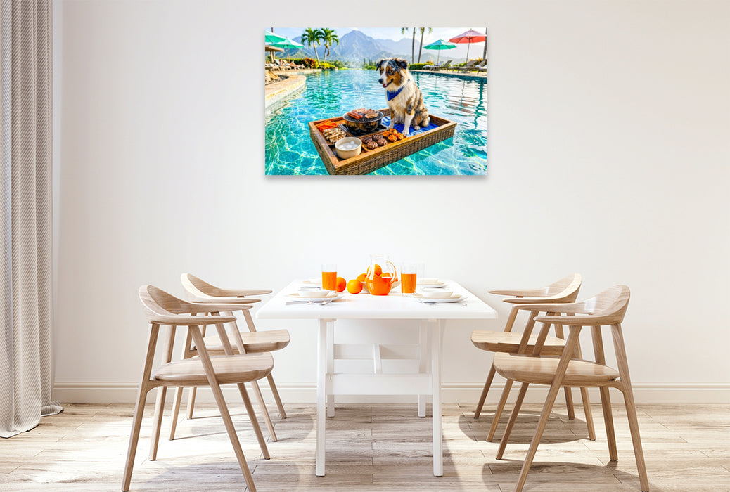 Premium Textil-Leinwand Pool Snacktime – Hund auf Schwimmtablett