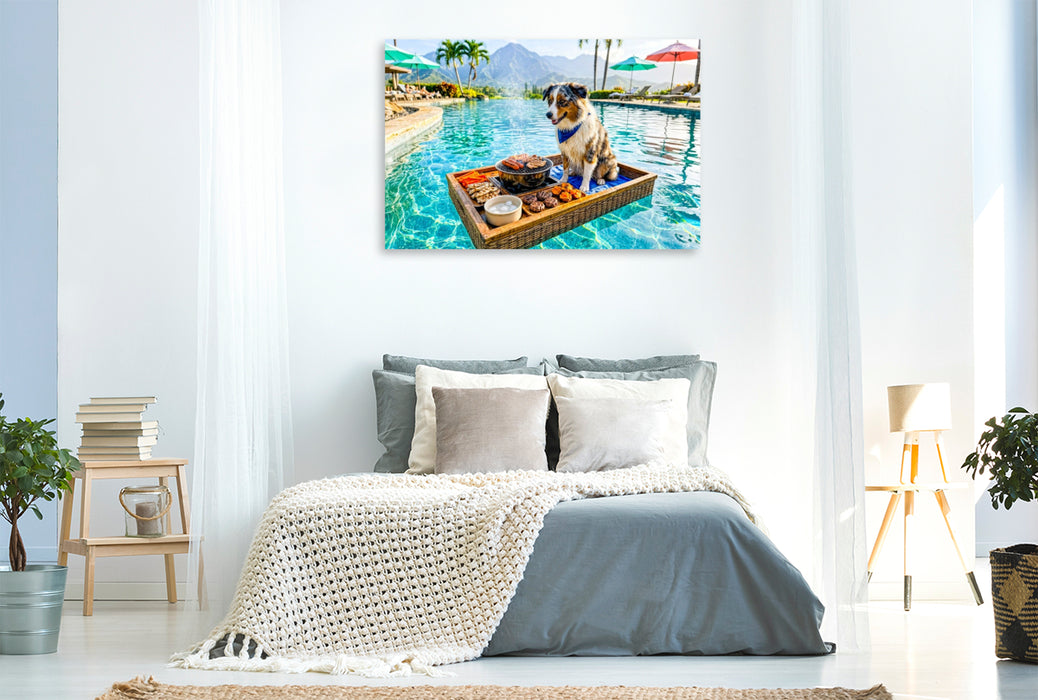 Premium Textil-Leinwand Pool Snacktime – Hund auf Schwimmtablett
