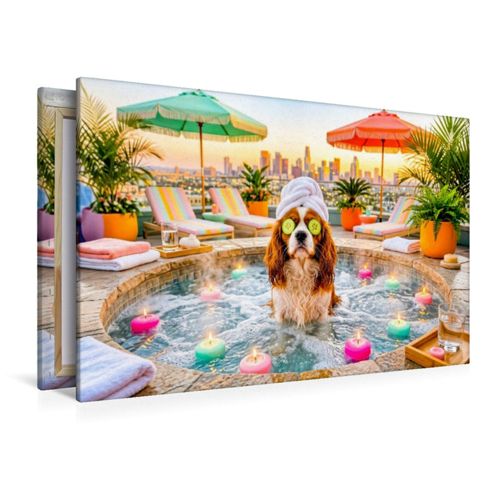 Premium Textil-Leinwand Wellness Spaniel – Entspanntes Spa Hundemotiv