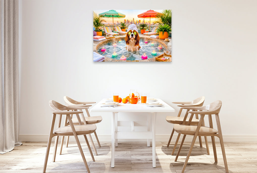 Premium Textil-Leinwand Wellness Spaniel – Entspanntes Spa Hundemotiv