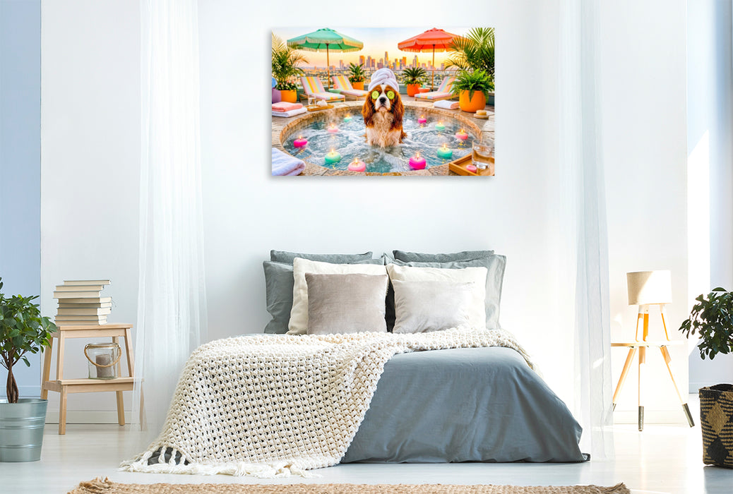 Premium Textil-Leinwand Wellness Spaniel – Entspanntes Spa Hundemotiv
