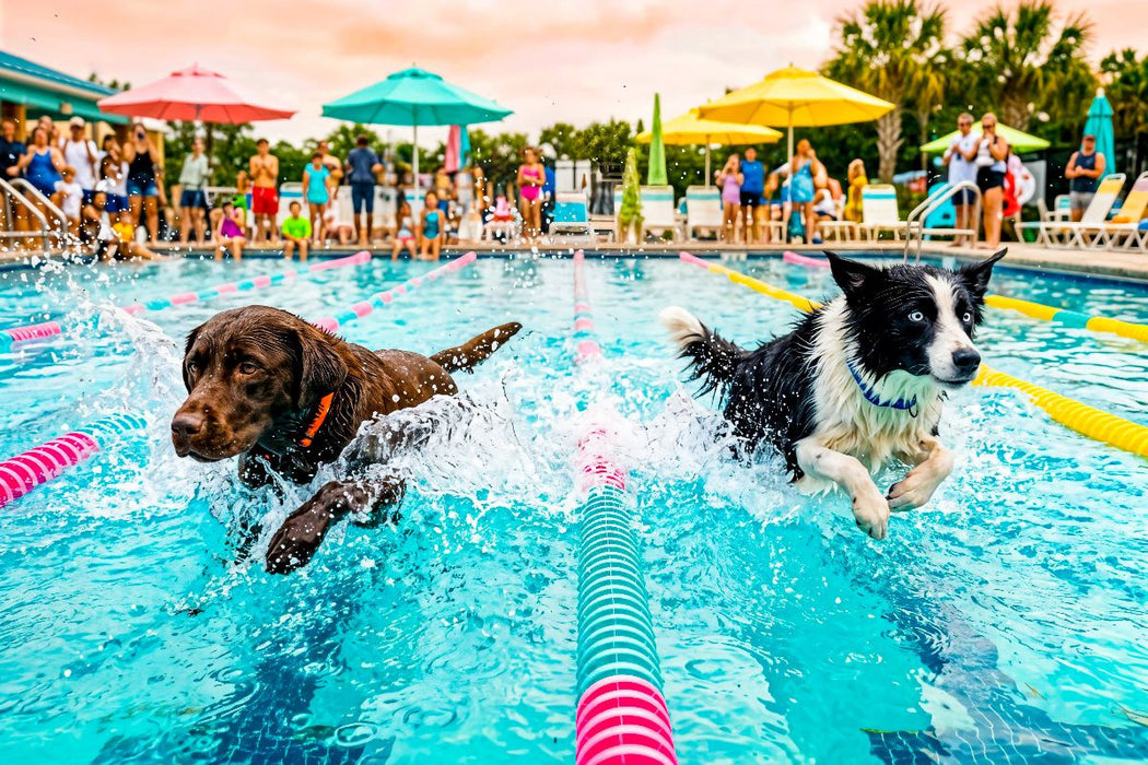 Premium Textil-Leinwand Hundeschwimmrennen - Action auf der Schwimmbahn