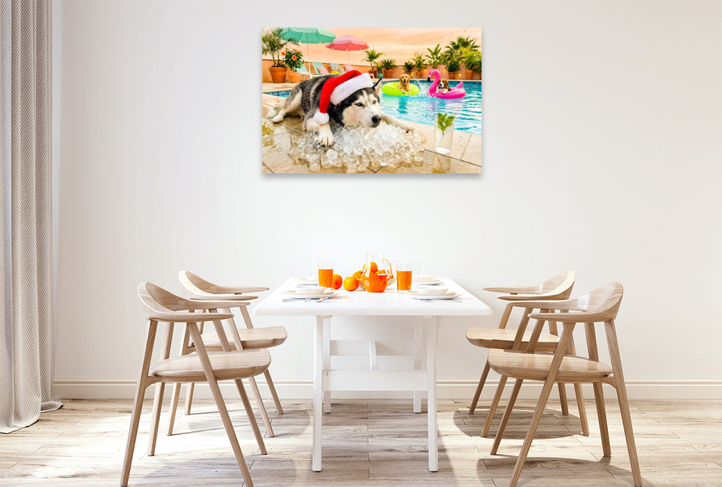 Premium Textil-Leinwand Husky on the Rocks - Weihnachtsmotiv