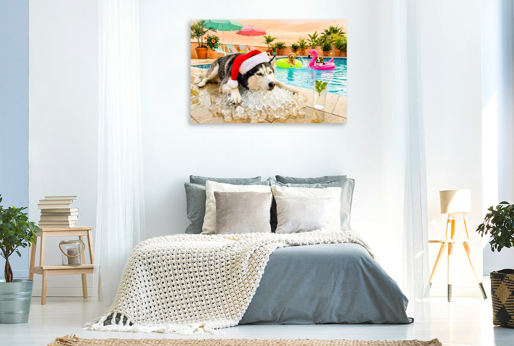 Premium Textil-Leinwand Husky on the Rocks - Weihnachtsmotiv