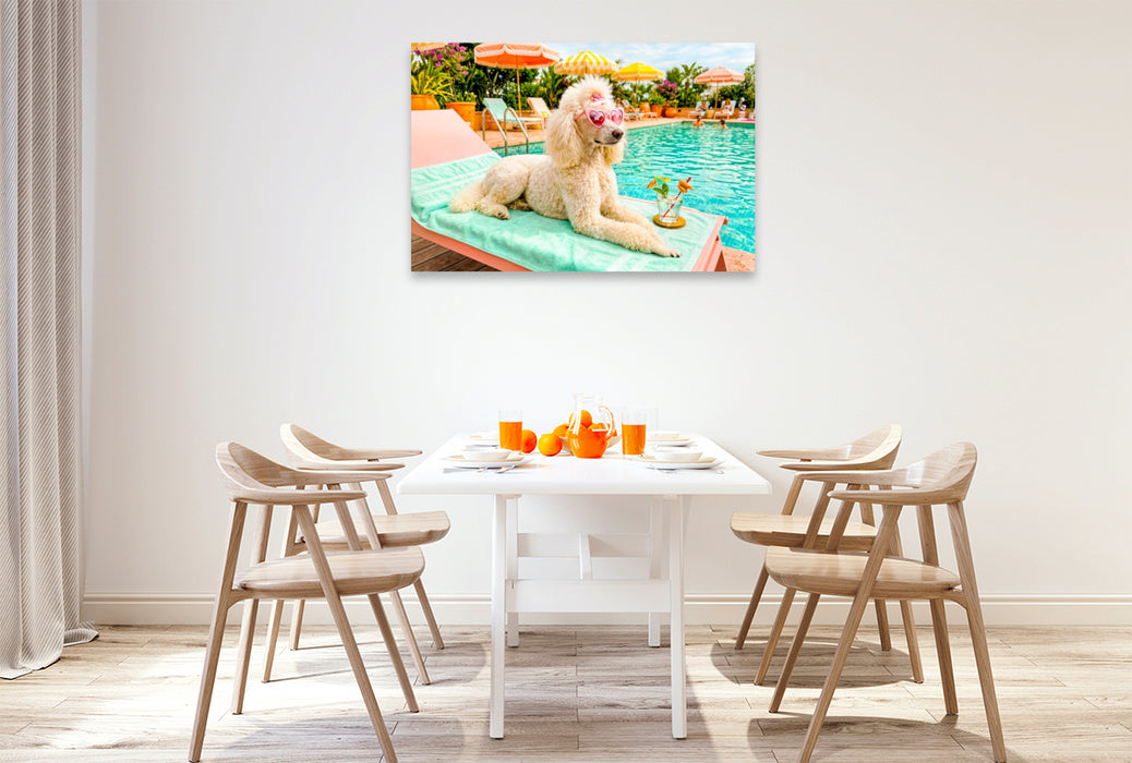 Premium Textil-Leinwand Pudeldame am Pool - Sommer Glamour
