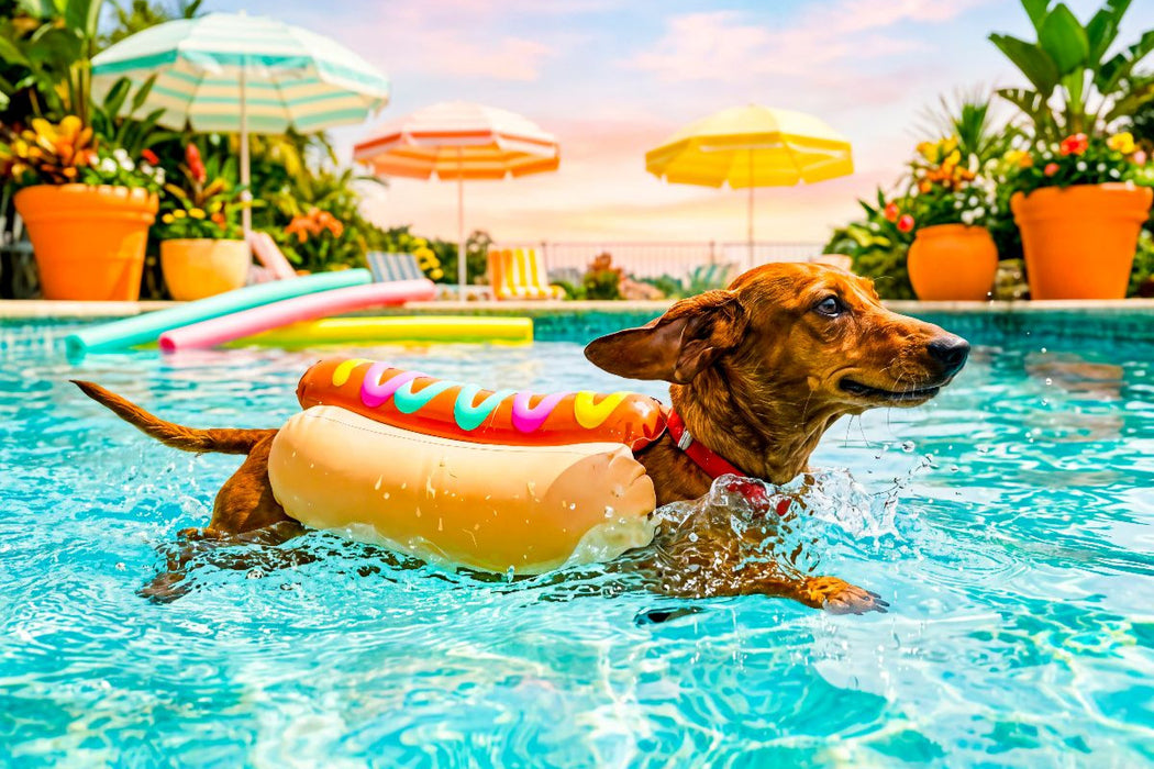 Premium Textil-Leinwand Dackel im Hotdog‑Schwimmanzug im Pool