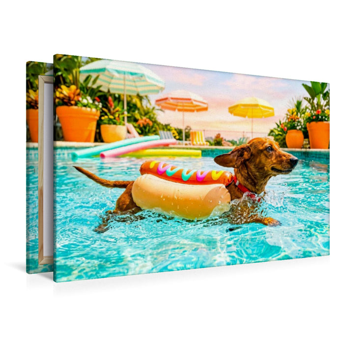 Premium Textil-Leinwand Dackel im Hotdog‑Schwimmanzug im Pool
