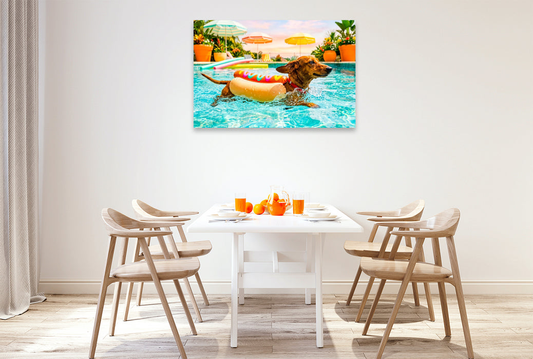 Premium Textil-Leinwand Dackel im Hotdog‑Schwimmanzug im Pool