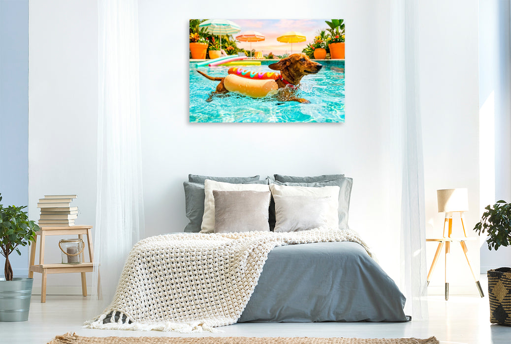 Premium Textil-Leinwand Dackel im Hotdog‑Schwimmanzug im Pool