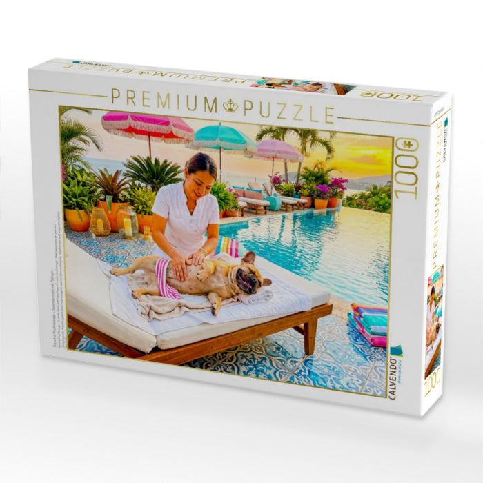 Frenchie Poolmassage – Sommermotiv mit Palmen - CALVENDO Foto-Puzzle'