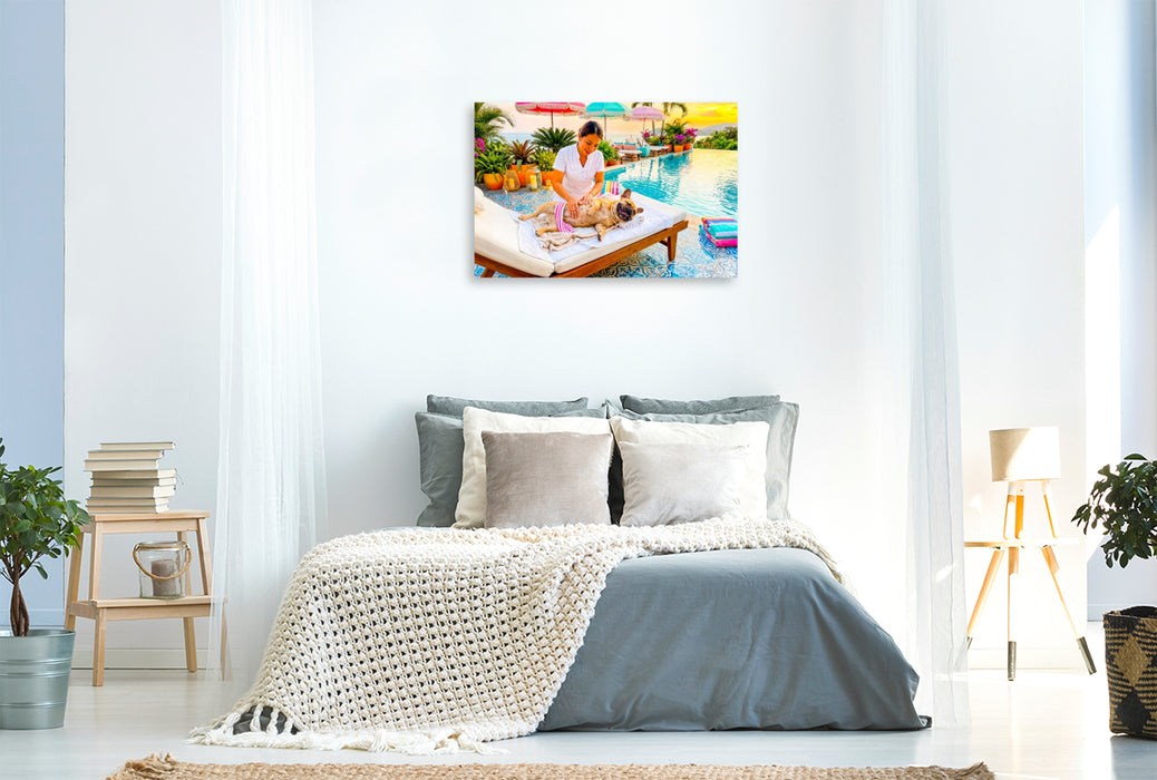 Premium Textil-Leinwand Frenchie Poolmassage – Sommermotiv mit Palmen