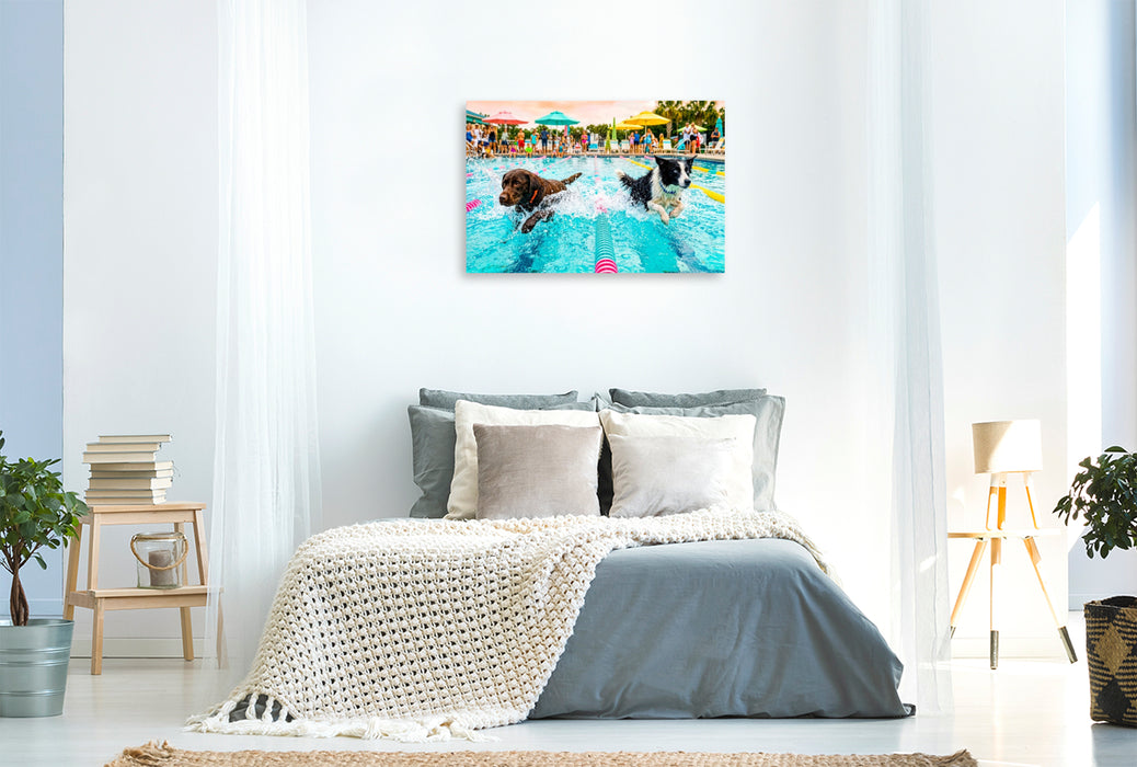 Premium Textil-Leinwand Hundeschwimmrennen - Action auf der Schwimmbahn