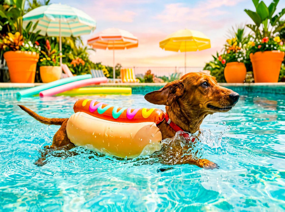 Dackel im Hotdog‑Schwimmanzug im Pool - CALVENDO Foto-Puzzle'