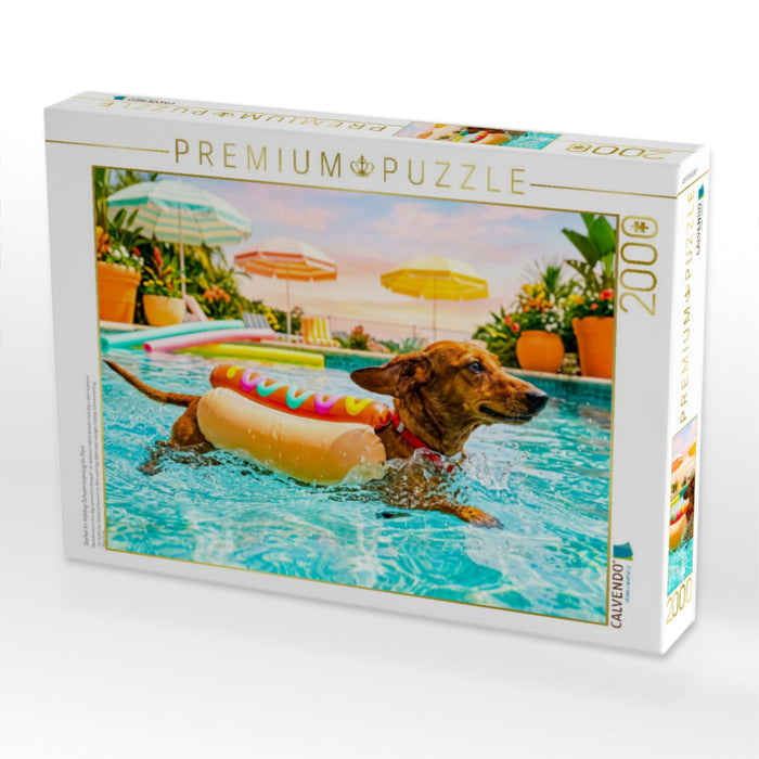Dackel im Hotdog‑Schwimmanzug im Pool - CALVENDO Foto-Puzzle'