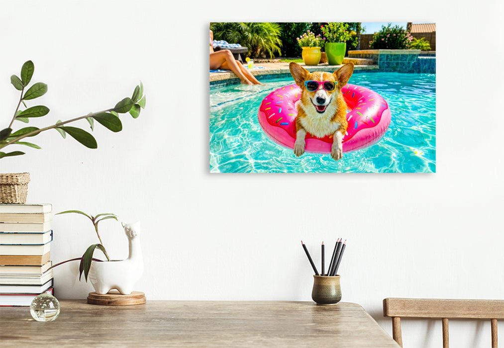 Premium Textil-Leinwand Corgi Chillen - Lustiges Sommer Hundemotiv