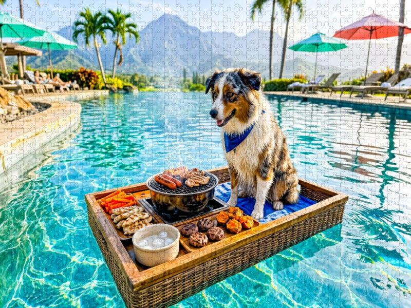 Pool Snacktime – Hund auf Schwimmtablett - CALVENDO Foto-Puzzle'