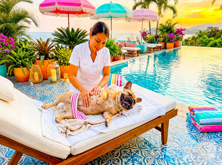 Frenchie Poolmassage – Sommermotiv mit Palmen - CALVENDO Foto-Puzzle'