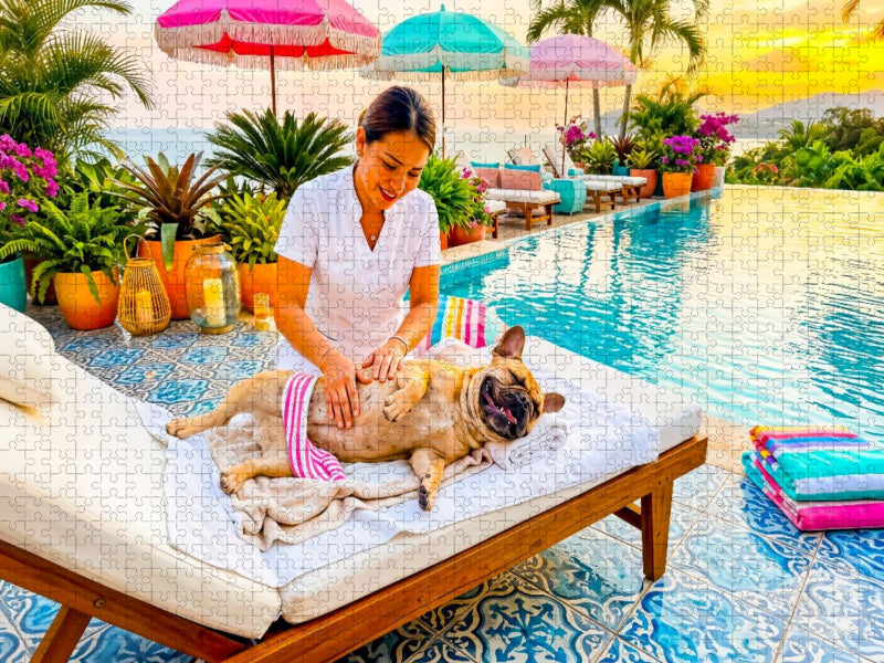 Frenchie Poolmassage – Sommermotiv mit Palmen - CALVENDO Foto-Puzzle'