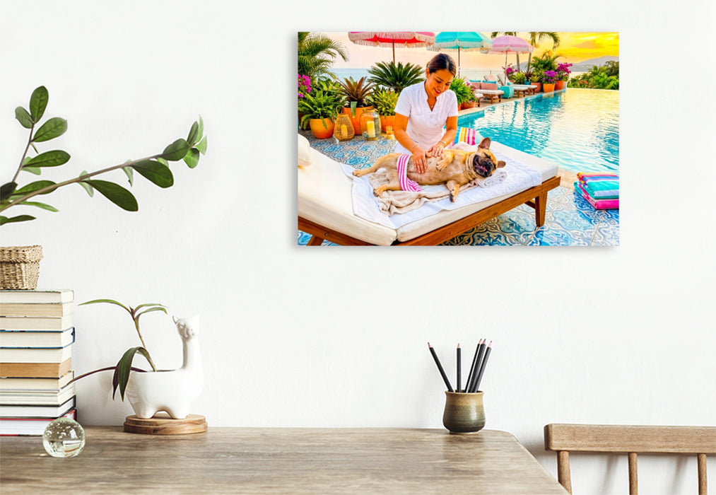 Premium Textil-Leinwand Frenchie Poolmassage – Sommermotiv mit Palmen