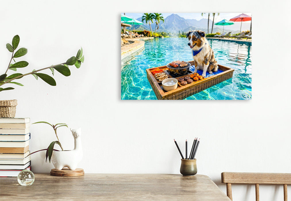 Premium Textil-Leinwand Pool Snacktime – Hund auf Schwimmtablett