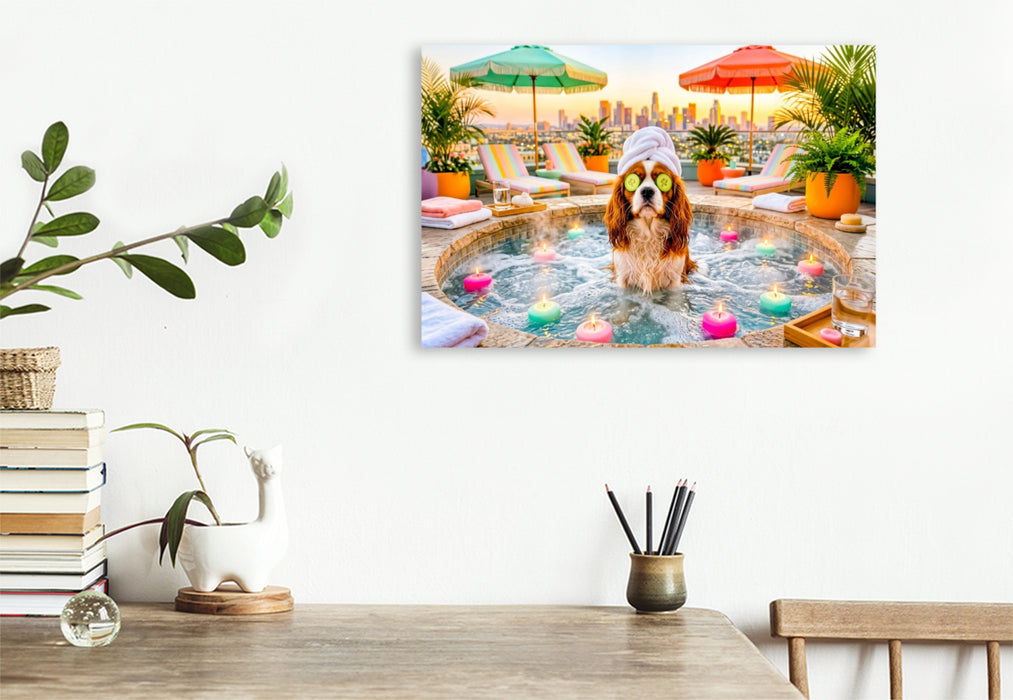 Premium Textil-Leinwand Wellness Spaniel – Entspanntes Spa Hundemotiv