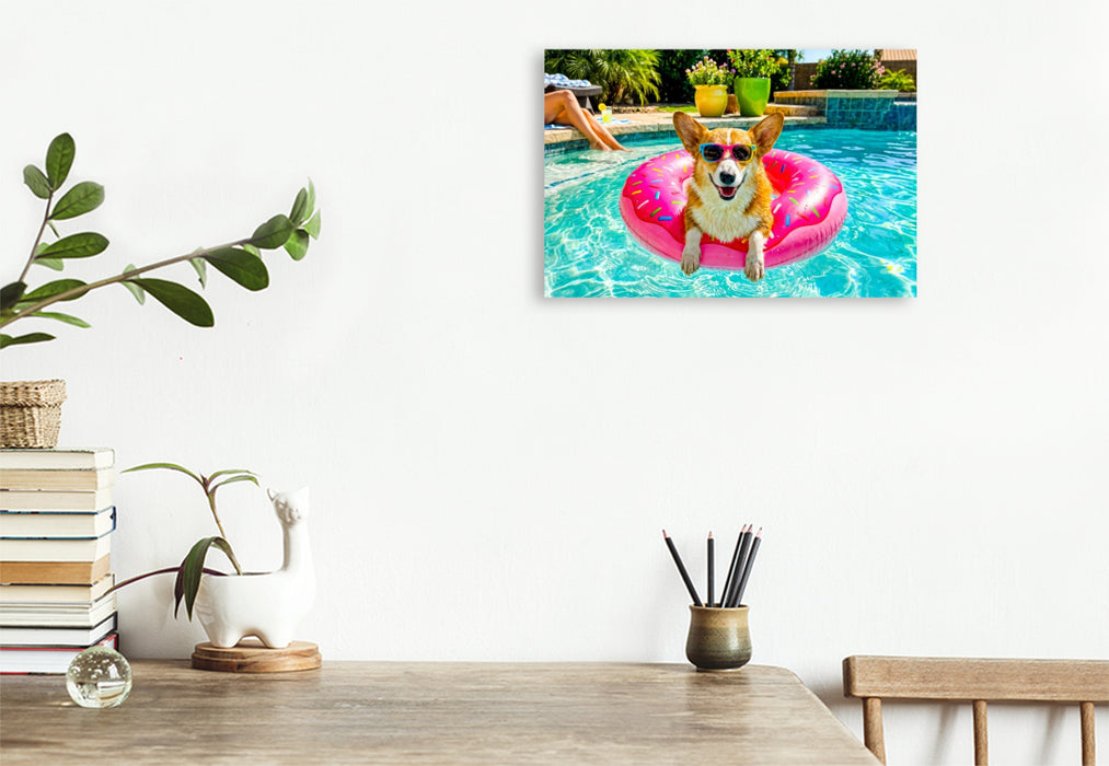 Premium Textil-Leinwand Corgi Chillen - Lustiges Sommer Hundemotiv