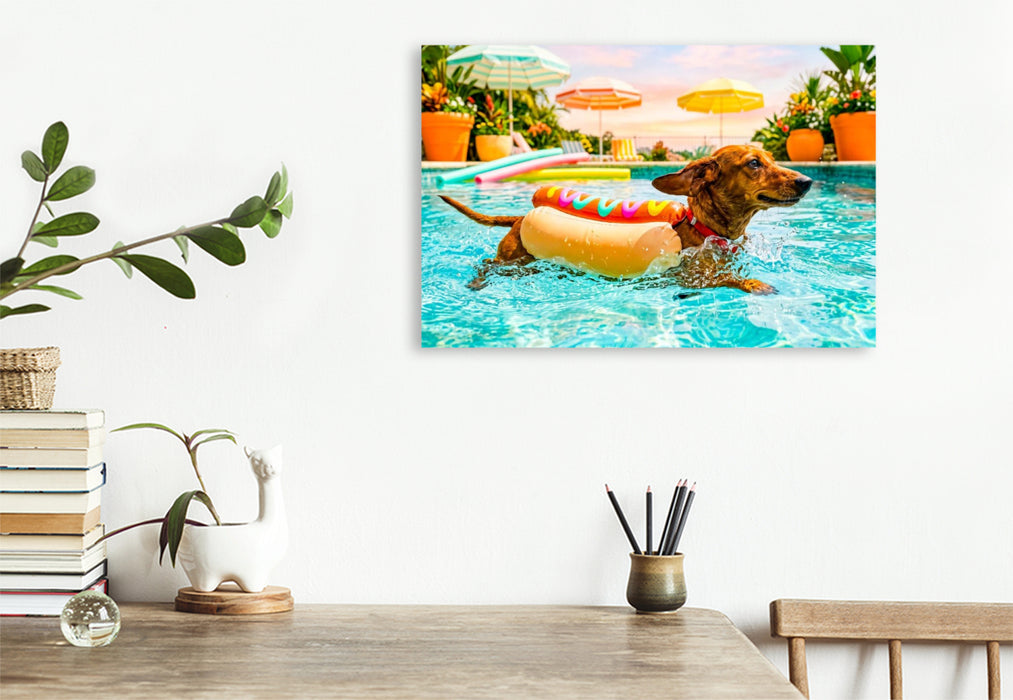 Premium Textil-Leinwand Dackel im Hotdog‑Schwimmanzug im Pool