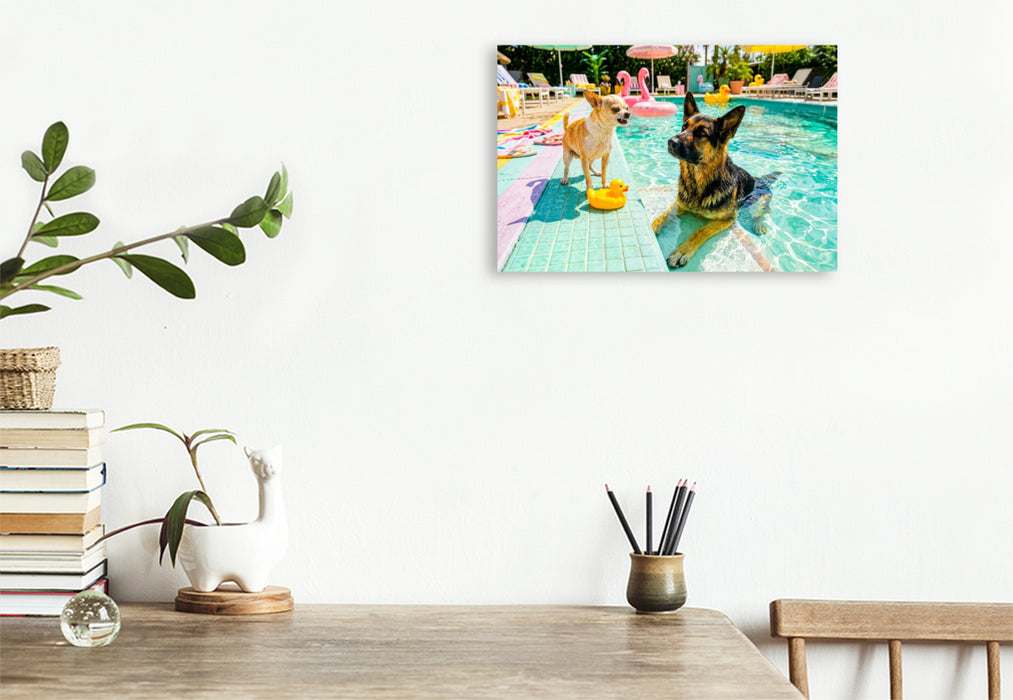 Premium Textil-Leinwand Großer Poolzoff – Chihuahua vs. Schäferhund