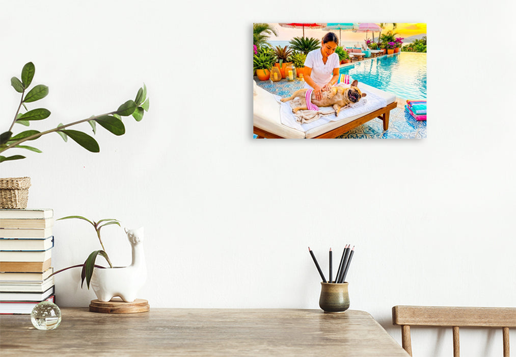 Premium Textil-Leinwand Frenchie Poolmassage – Sommermotiv mit Palmen